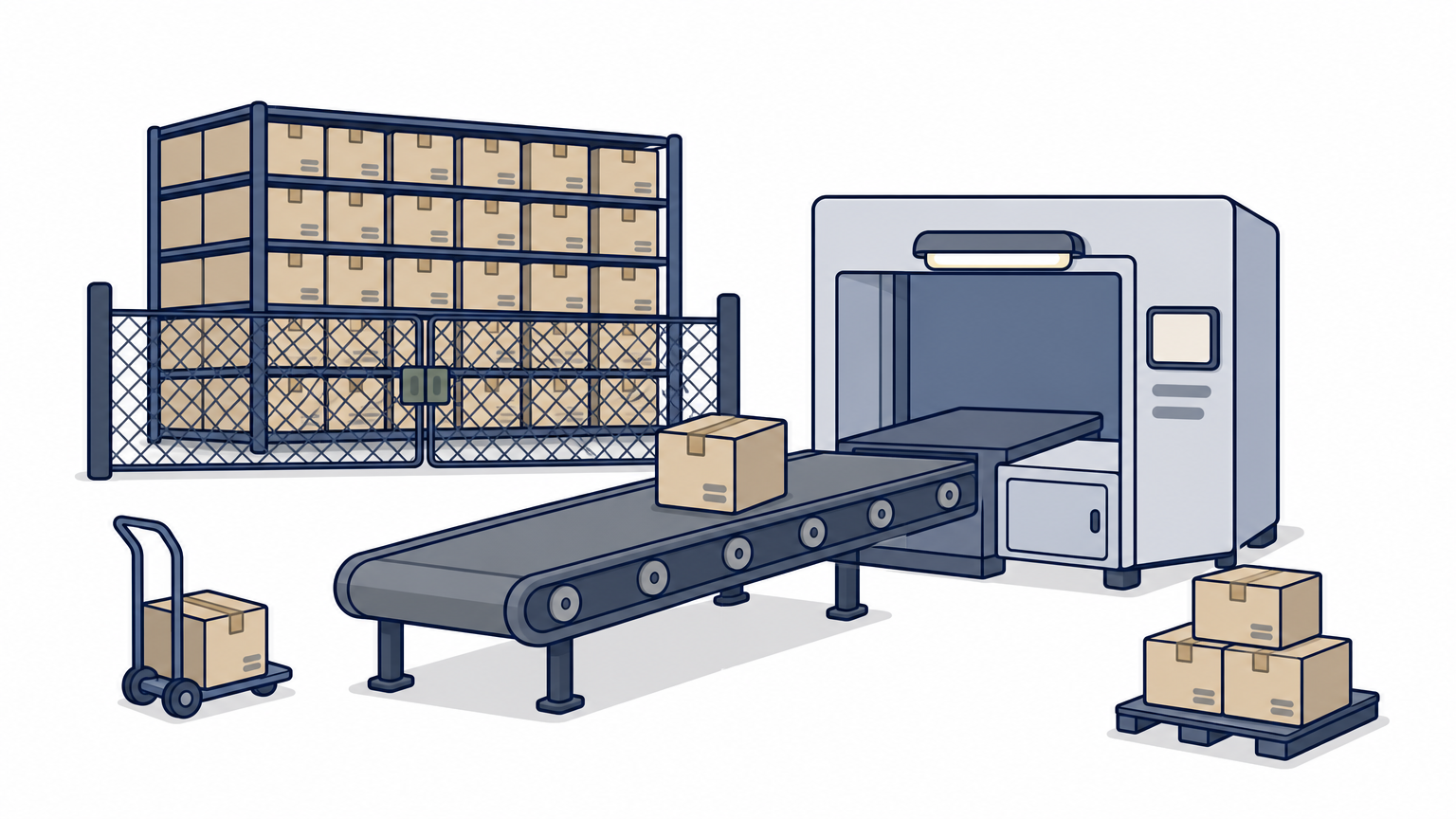 A conveyor belt feeding one box at a time from a large warehouse into a workstation.