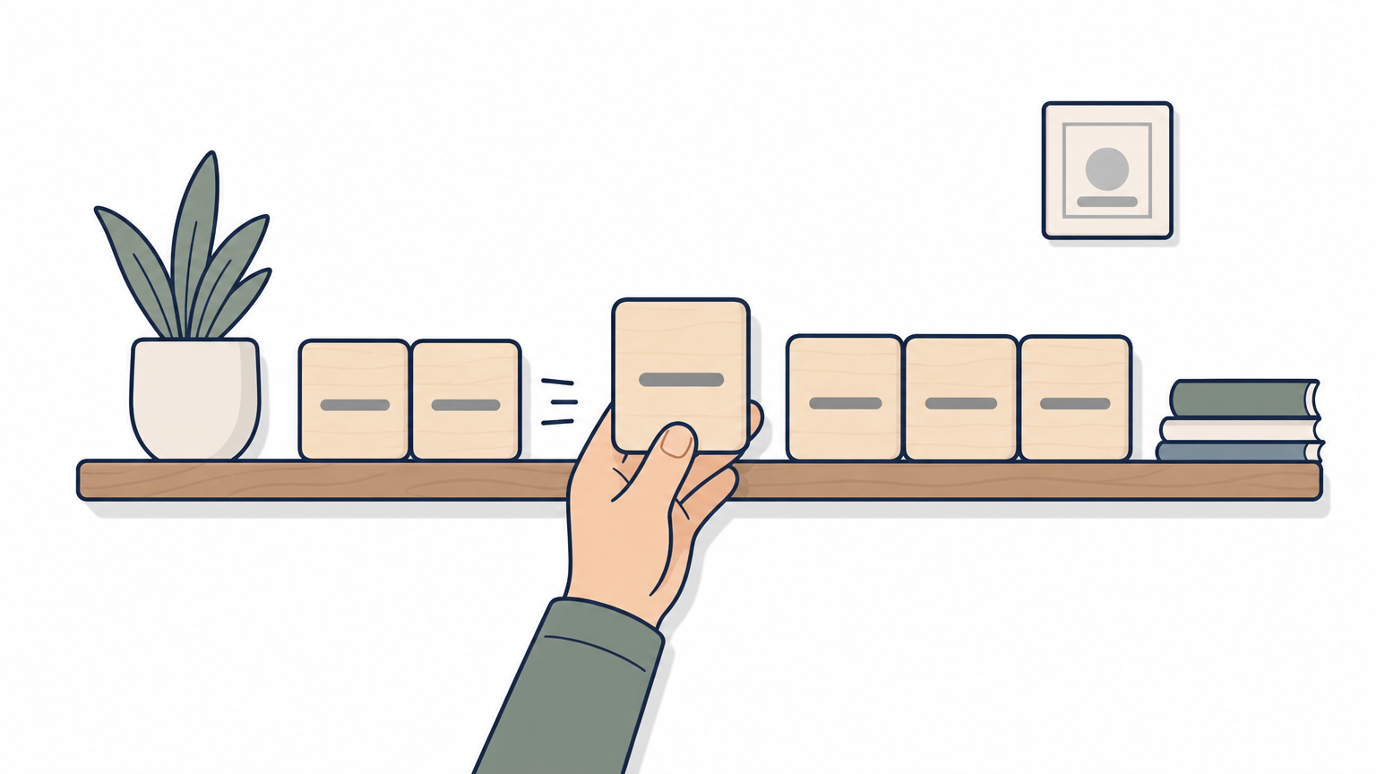 A hand holds the middle block of a sorted row while half the blocks are set aside.