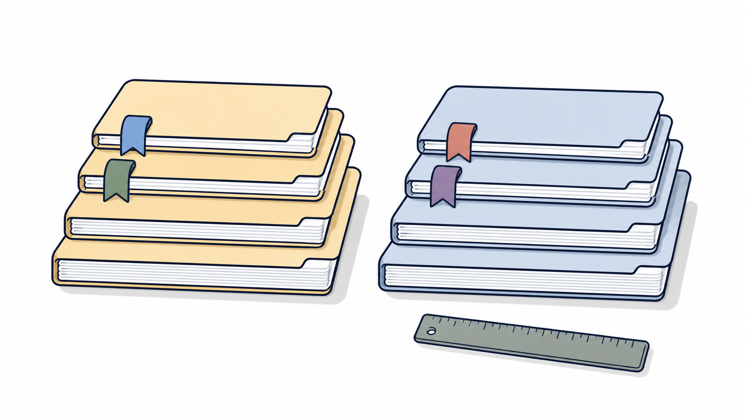 Two stacks of sorted file folders with the top two in each stack marked by ribbons.