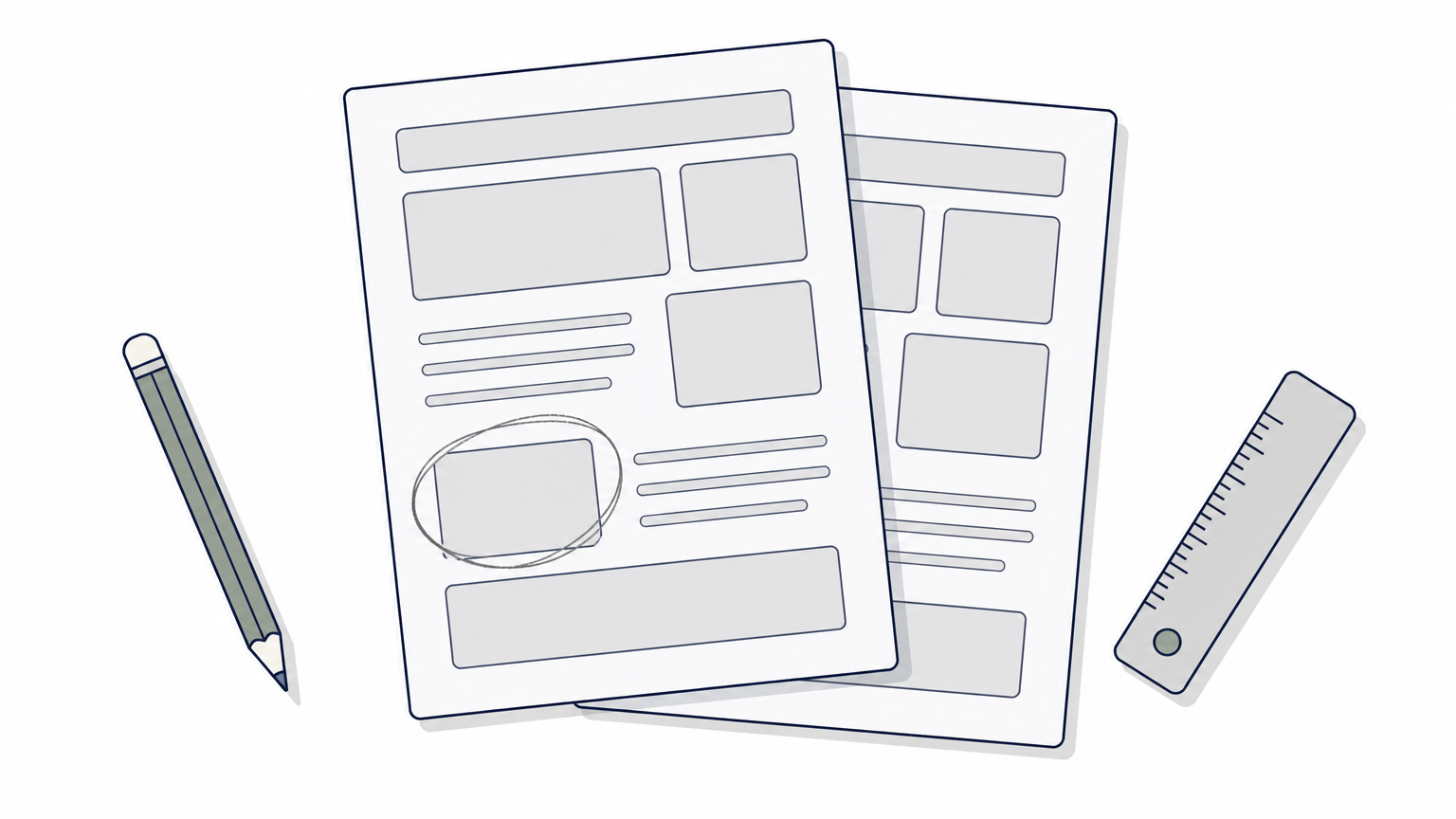 Two overlapping tracing-paper layouts with one changed block circled in pencil beside a ruler.