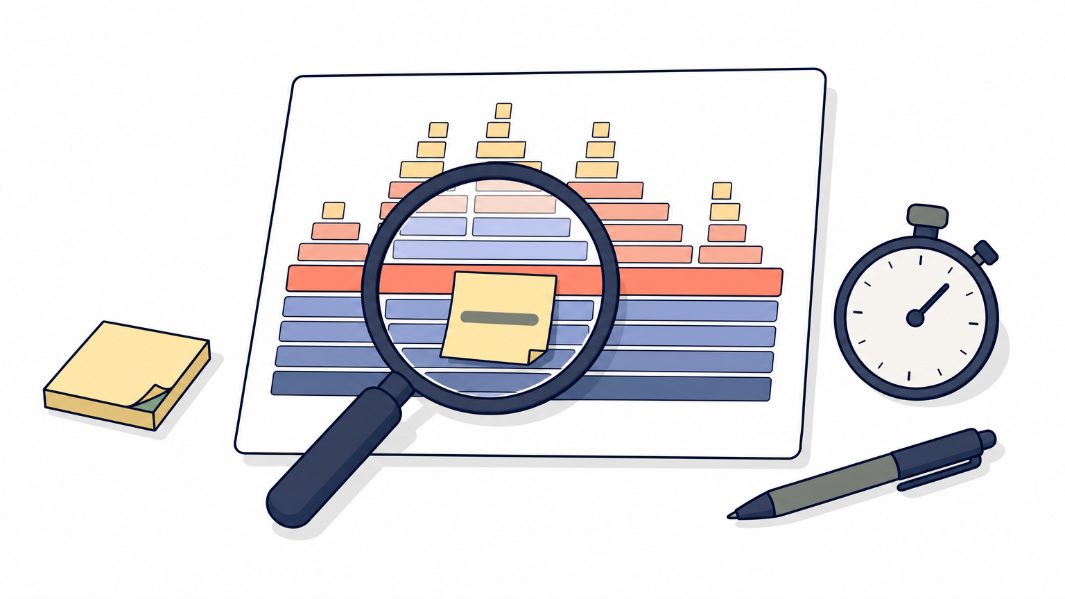 A magnifying glass over a printed flame graph with one long bar marked by a sticky note.