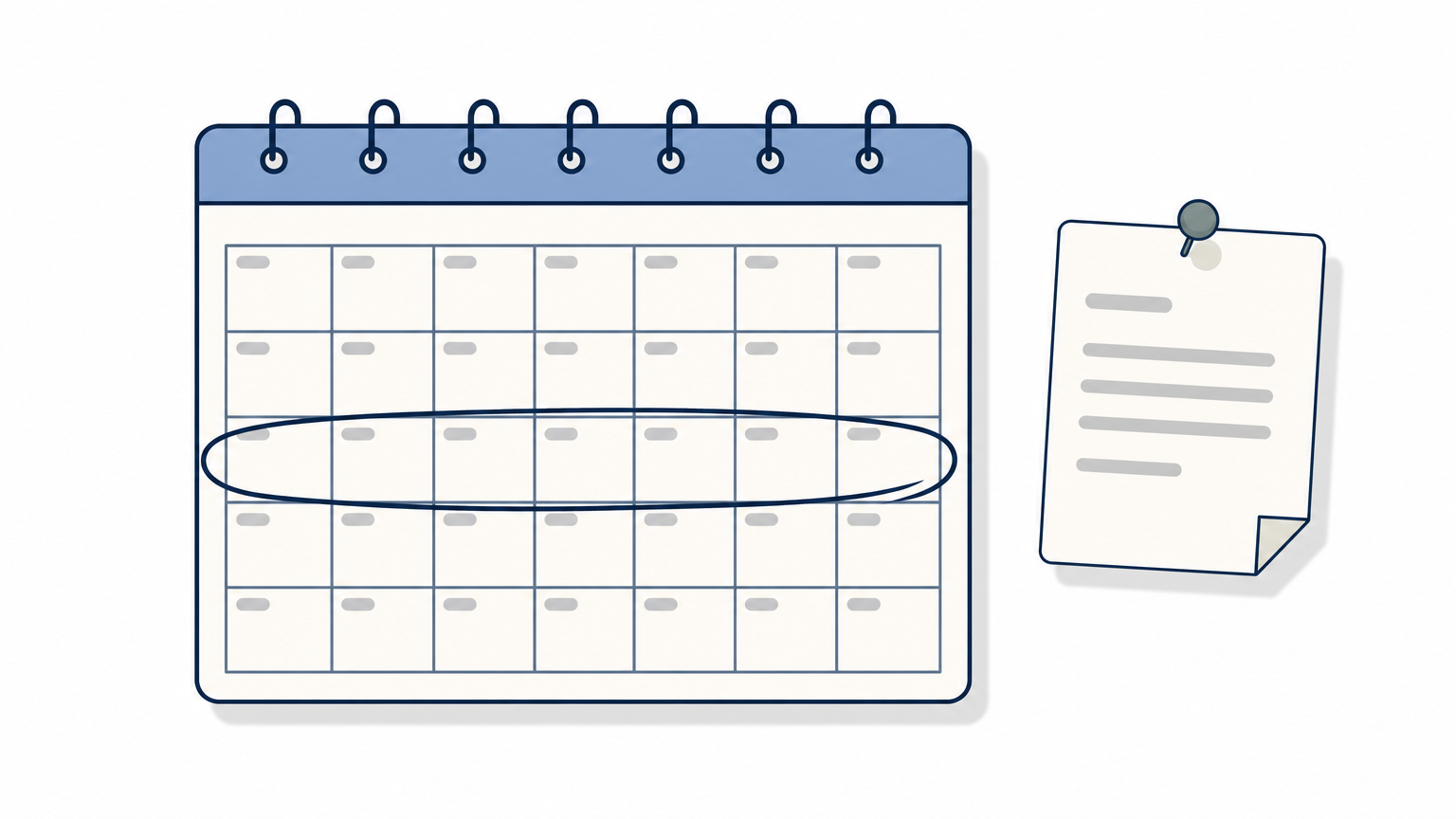 A wall calendar with one week circled and a paper notice pinned beside it.